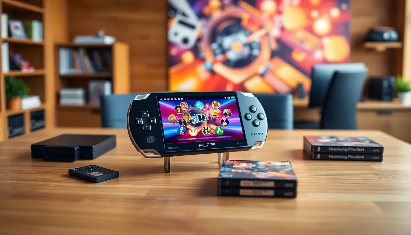 PlayStation Portable 3000 displayed on a stylish desk.