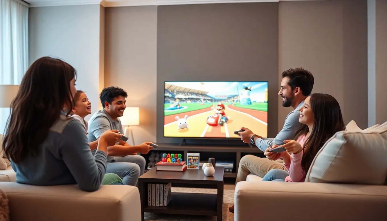 family enjoying gaming in a modern living room.