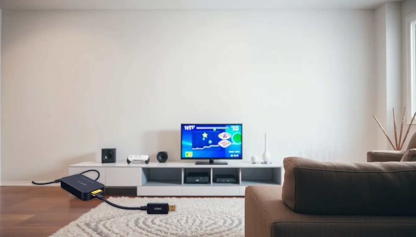 Nintendo Wii connected to a modern TV with an HDMI adapter.