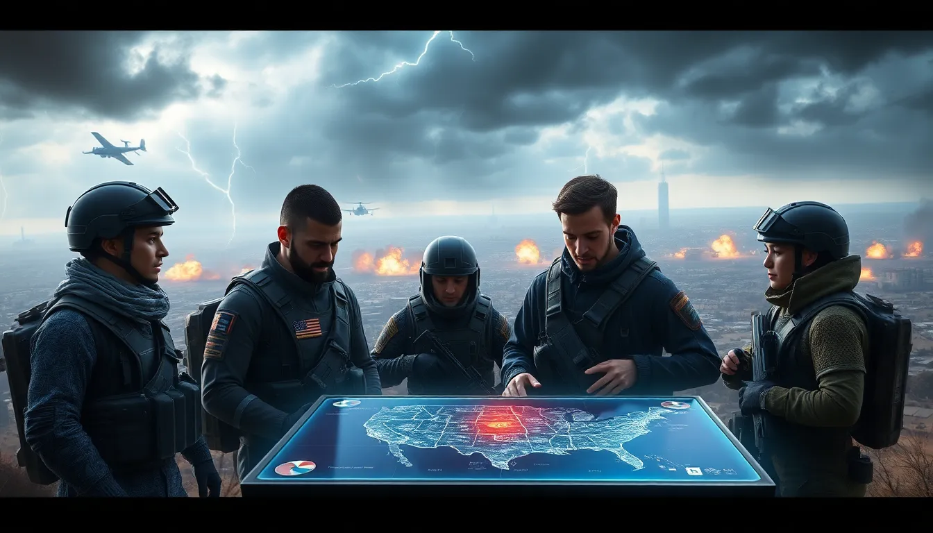 diverse soldiers strategizing in a futuristic battlefield setting.