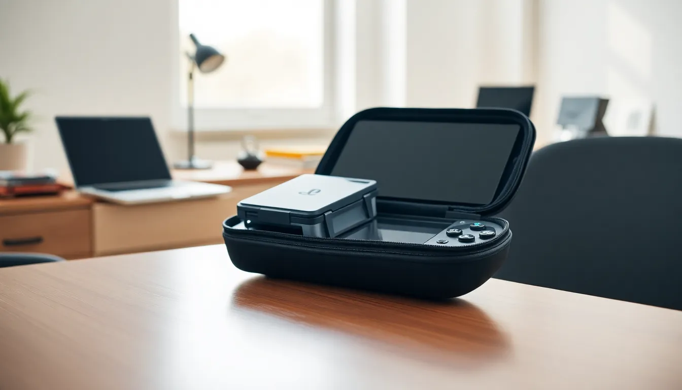 PlayStation Portable case with organized gaming accessories on a table.