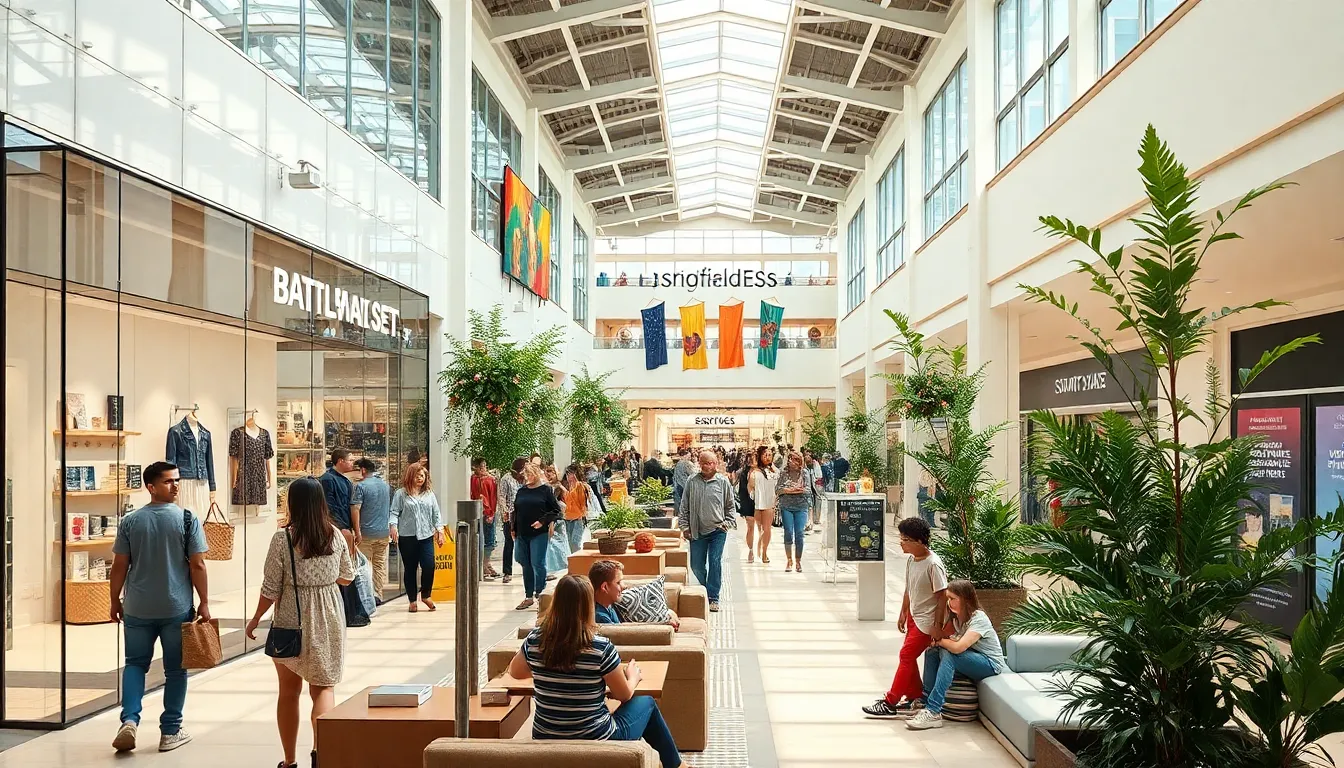 interior of Battlefield Mall with shoppers and bright natural light.