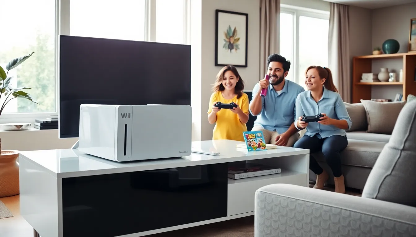 family enjoying the new Nintendo Wii in a modern living room.
