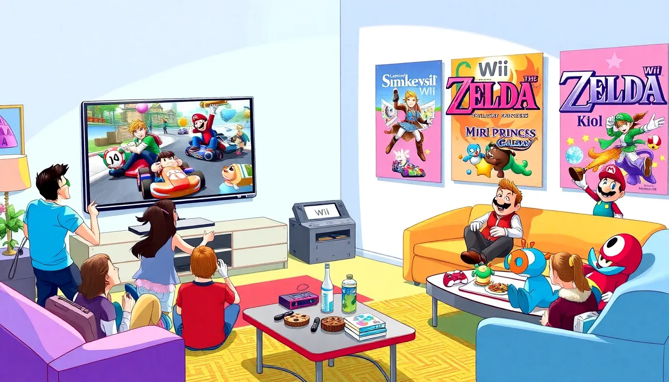 diverse group playing Nintendo Wii games in a vibrant living room.